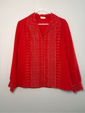 Vintage Lee Mar Pageant Blouse Shirt Bright Red Button Up Eyelet Trim